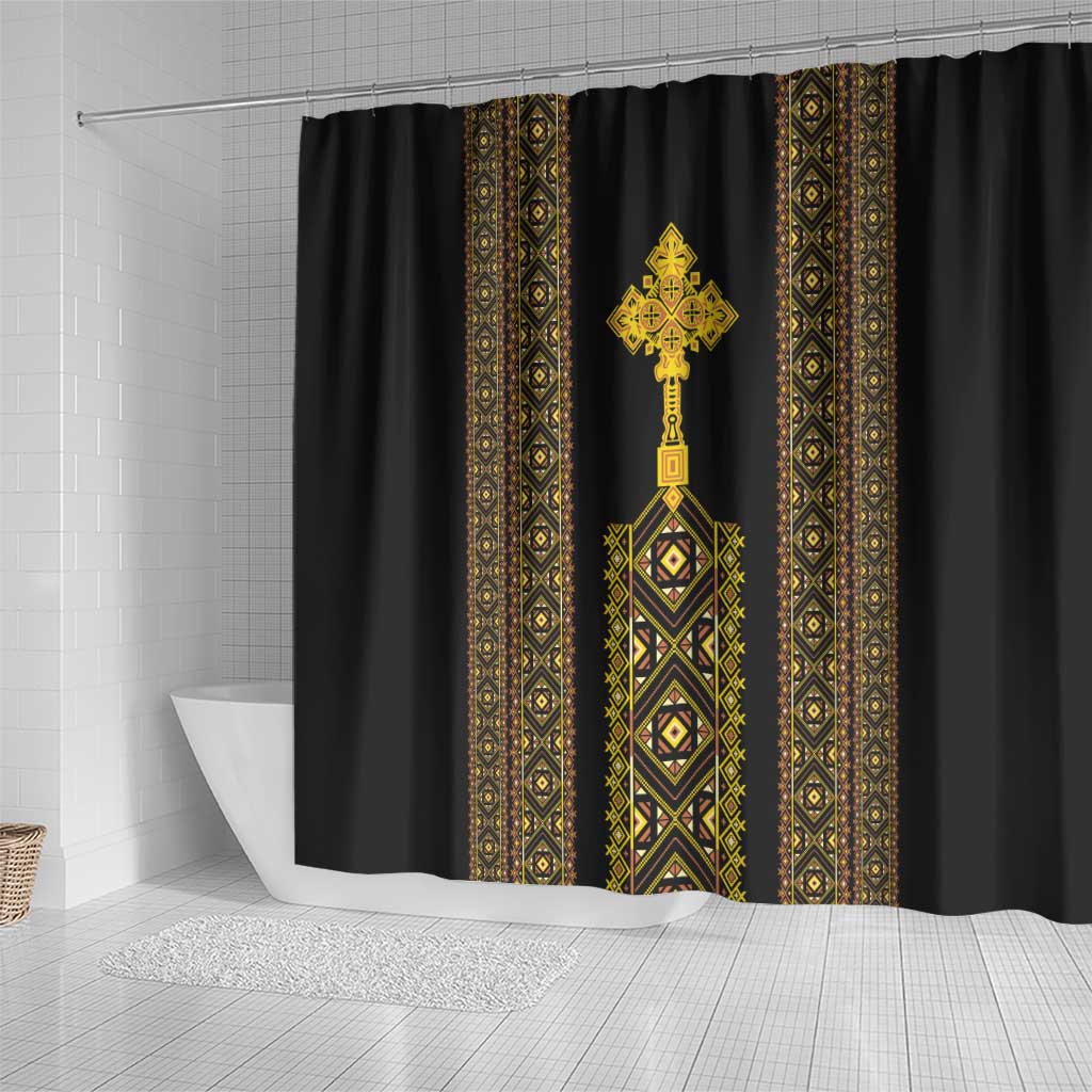 Habesha Motifs Ethiopia Shower Curtain Tilet Black Gold