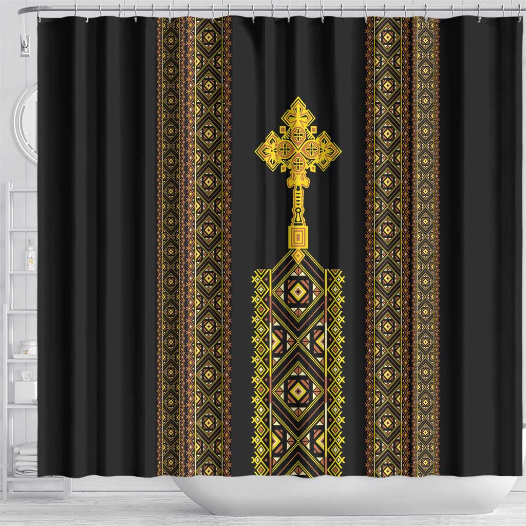 Habesha Motifs Ethiopia Shower Curtain Tilet Black Gold