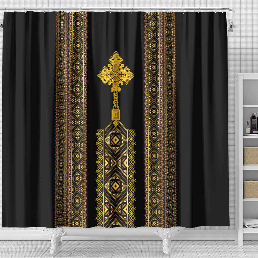 Habesha Motifs Ethiopia Shower Curtain Tilet Black Gold