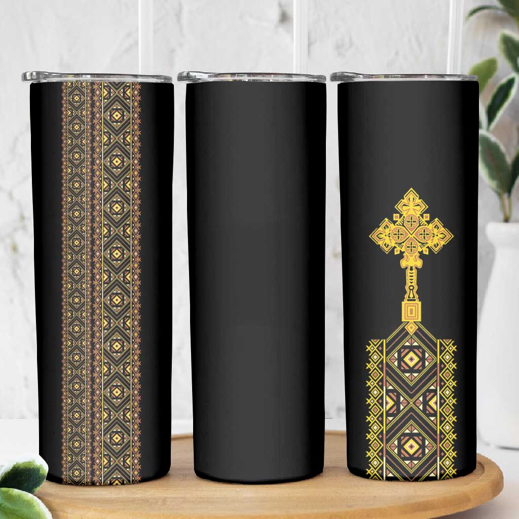 Habesha Motifs Ethiopia Skinny Tumbler Tilet Black Gold