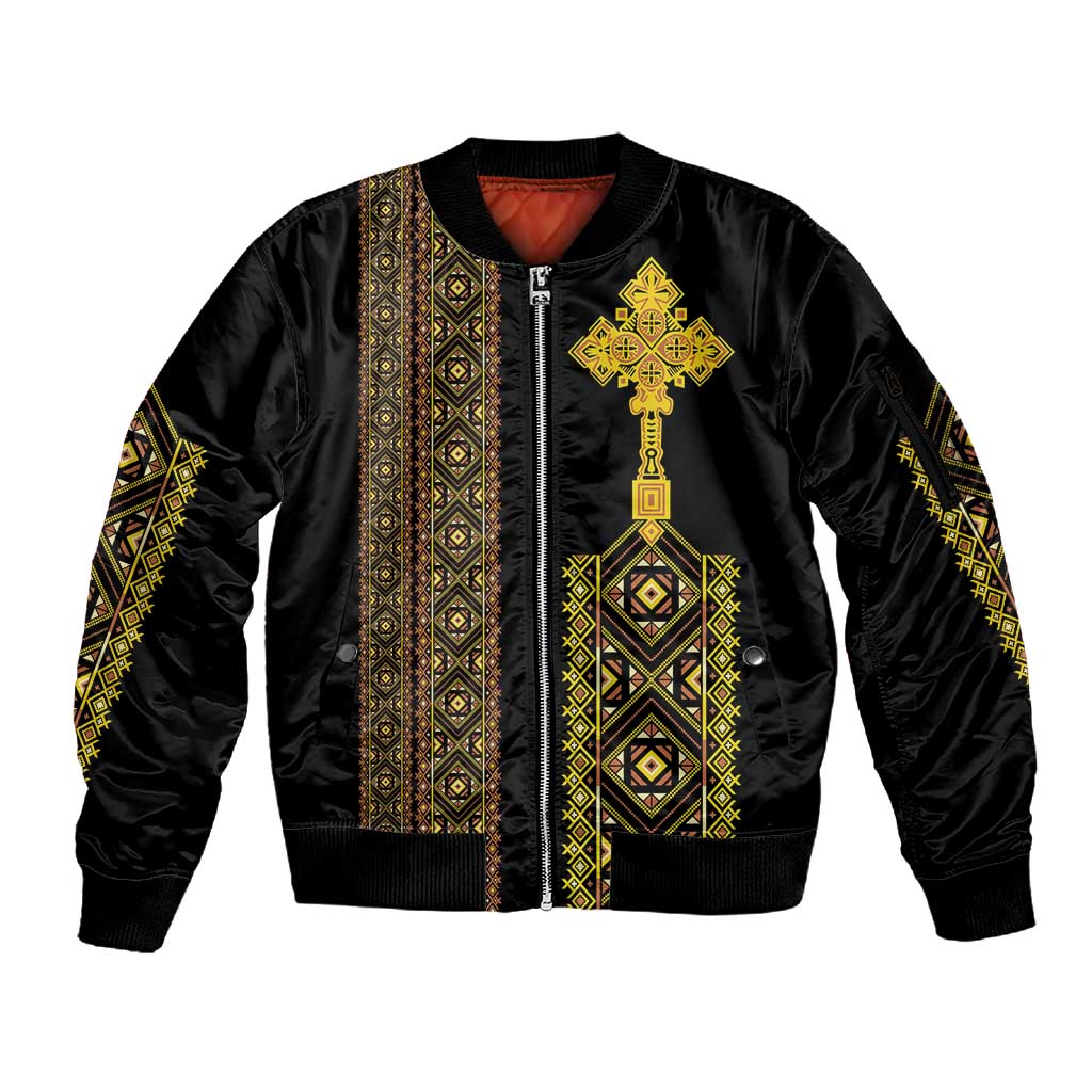 Habesha Motifs Ethiopia Sleeve Zip Bomber Jacket Tilet Black Gold