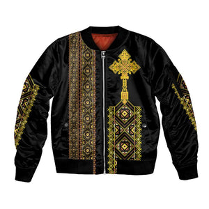 Habesha Motifs Ethiopia Sleeve Zip Bomber Jacket Tilet Black Gold
