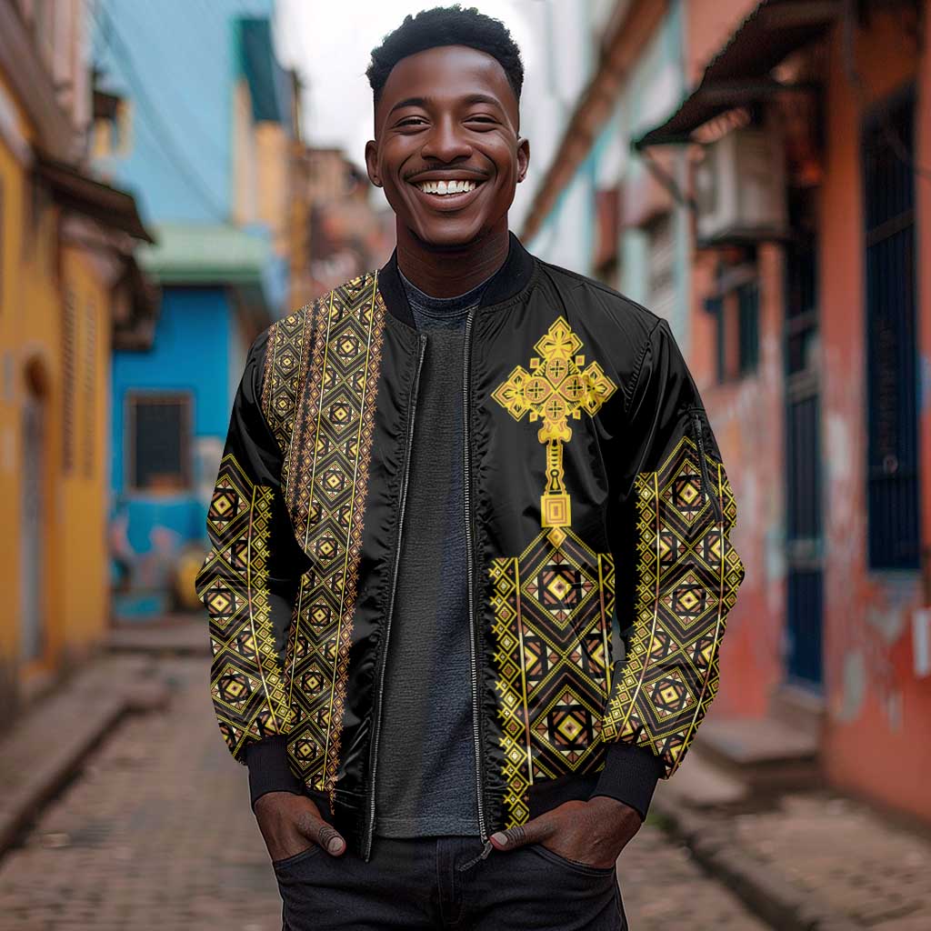 Habesha Motifs Ethiopia Sleeve Zip Bomber Jacket Tilet Black Gold