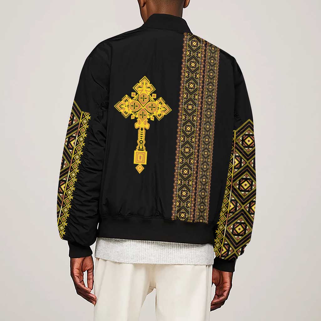Habesha Motifs Ethiopia Sleeve Zip Bomber Jacket Tilet Black Gold