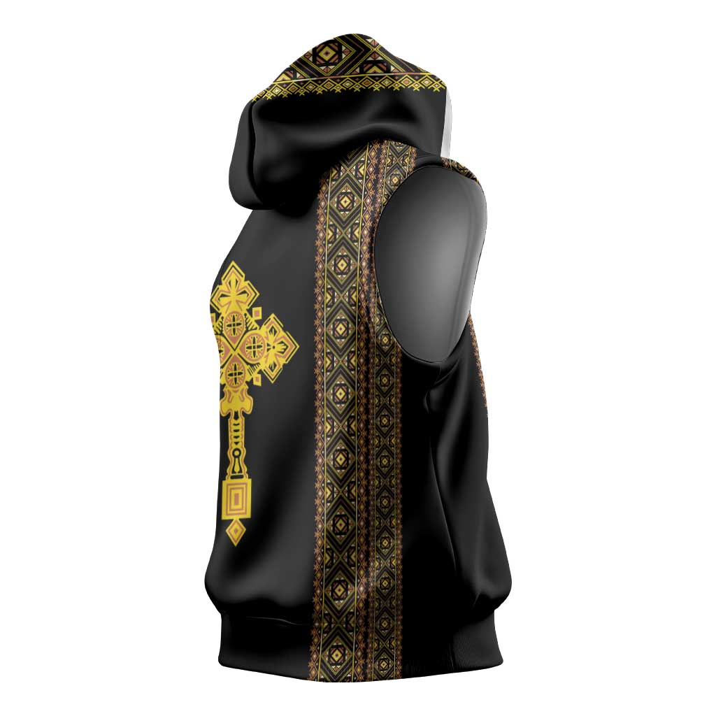 Habesha Motifs Ethiopia Sleeveless Hoodie Tilet Black Gold - African Pride