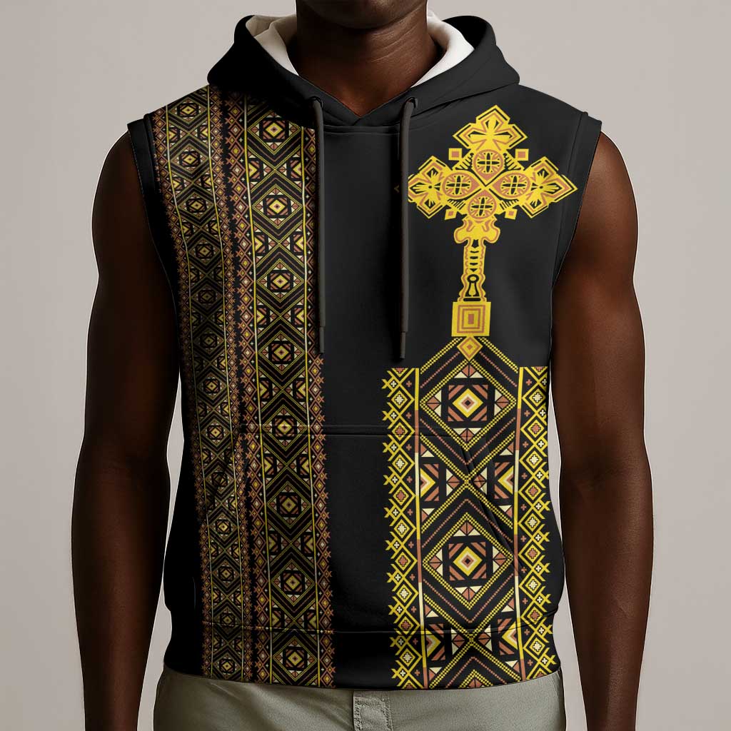 Habesha Motifs Ethiopia Sleeveless Hoodie Tilet Black Gold - African Pride