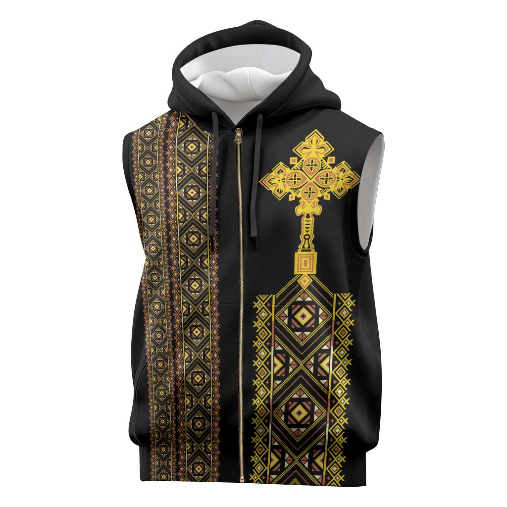 Habesha Motifs Ethiopia Sleeveless Zip Hoodie Tilet Black Gold - African Pride