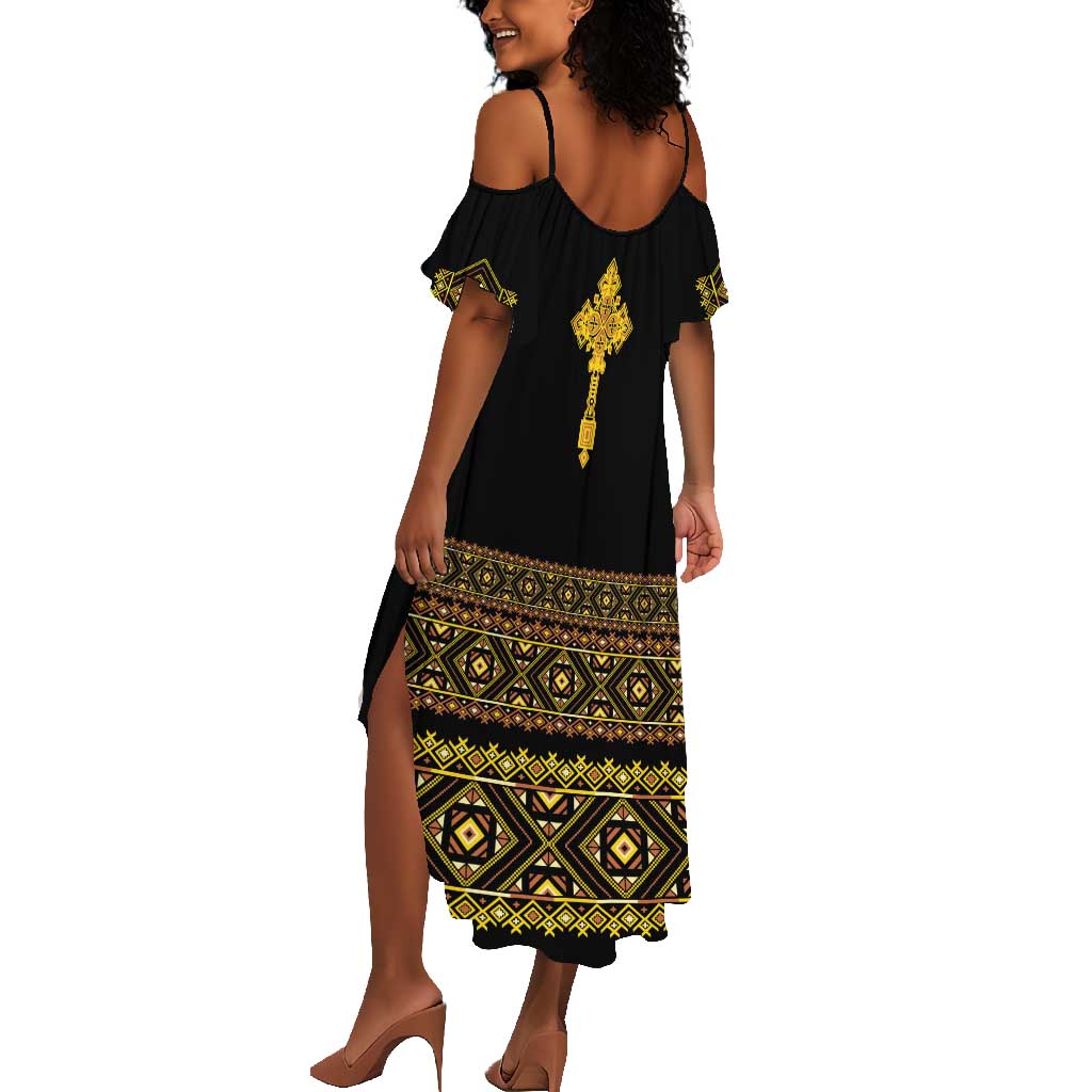 Habesha Motifs Ethiopia Summer Maxi Dress Tilet Black Gold