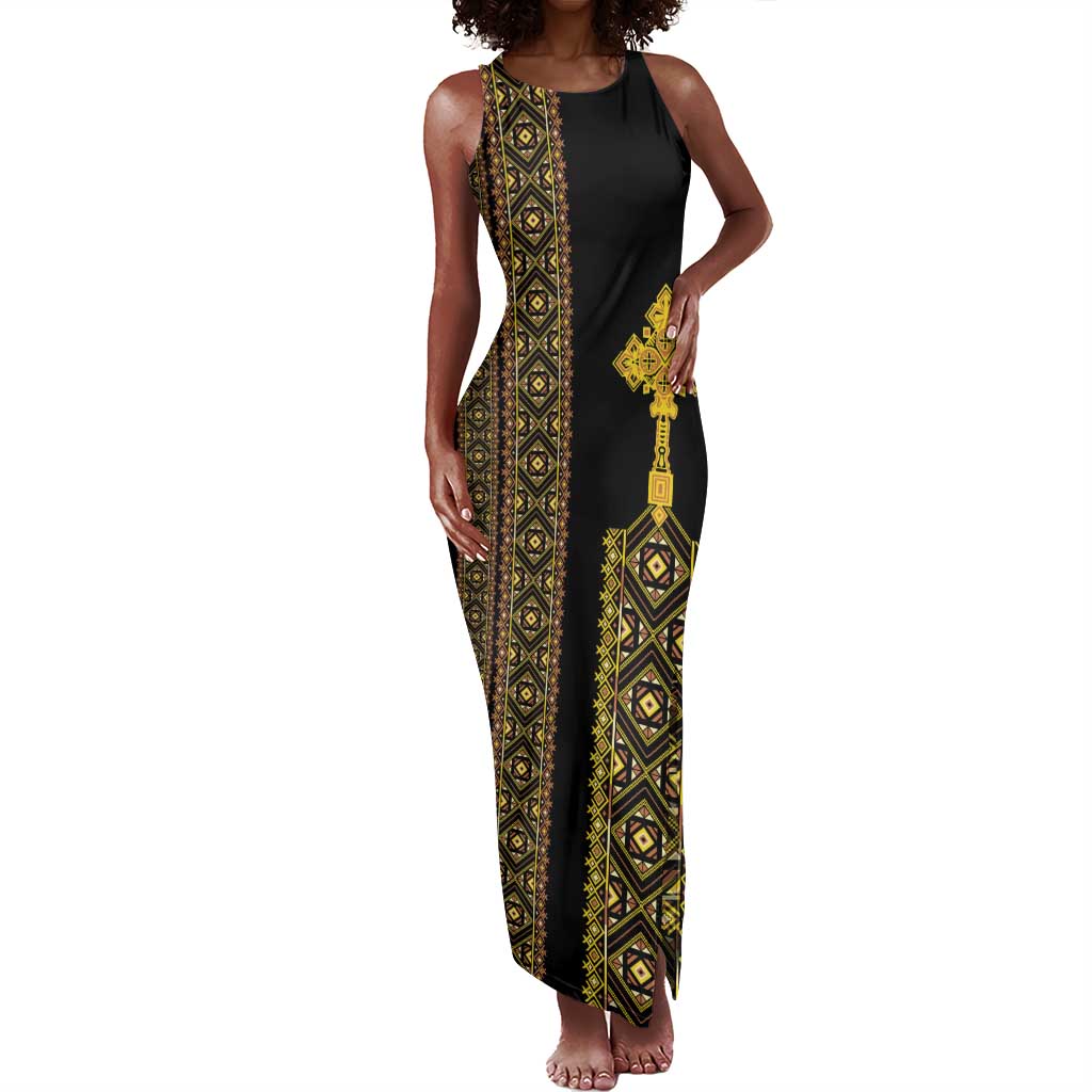 Habesha Motifs Ethiopia Tank Maxi Dress Tilet Black Gold