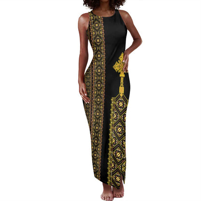 Habesha Motifs Ethiopia Tank Maxi Dress Tilet Black Gold