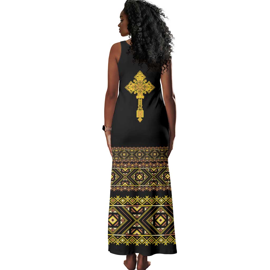 Habesha Motifs Ethiopia Tank Maxi Dress Tilet Black Gold