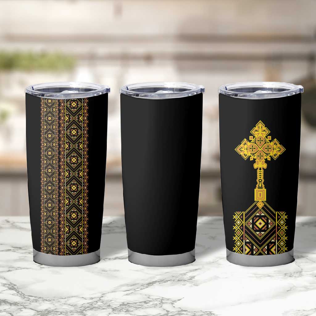 Habesha Motifs Ethiopia Tumbler Cup Tilet Black Gold