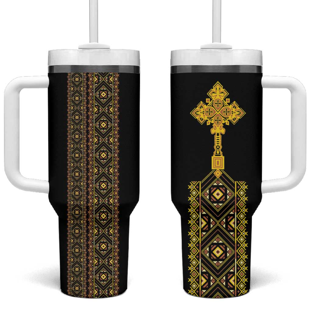 Habesha Motifs Ethiopia Tumbler With Handle Tilet Black Gold
