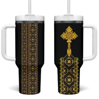 Habesha Motifs Ethiopia Tumbler With Handle Tilet Black Gold