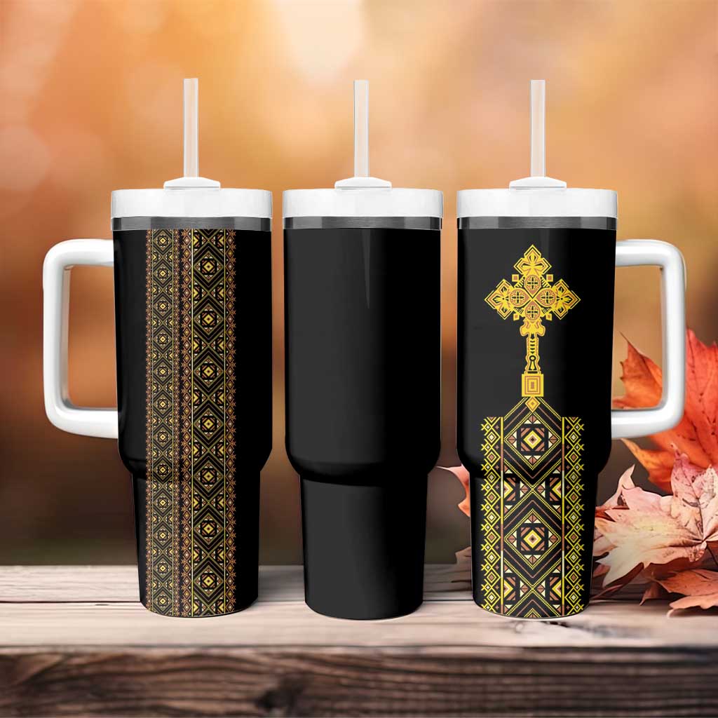 Habesha Motifs Ethiopia Tumbler With Handle Tilet Black Gold