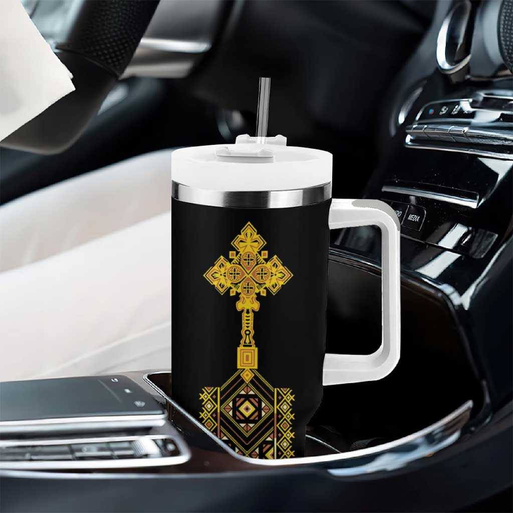 Habesha Motifs Ethiopia Tumbler With Handle Tilet Black Gold