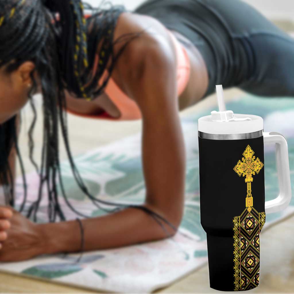 Habesha Motifs Ethiopia Tumbler With Handle Tilet Black Gold