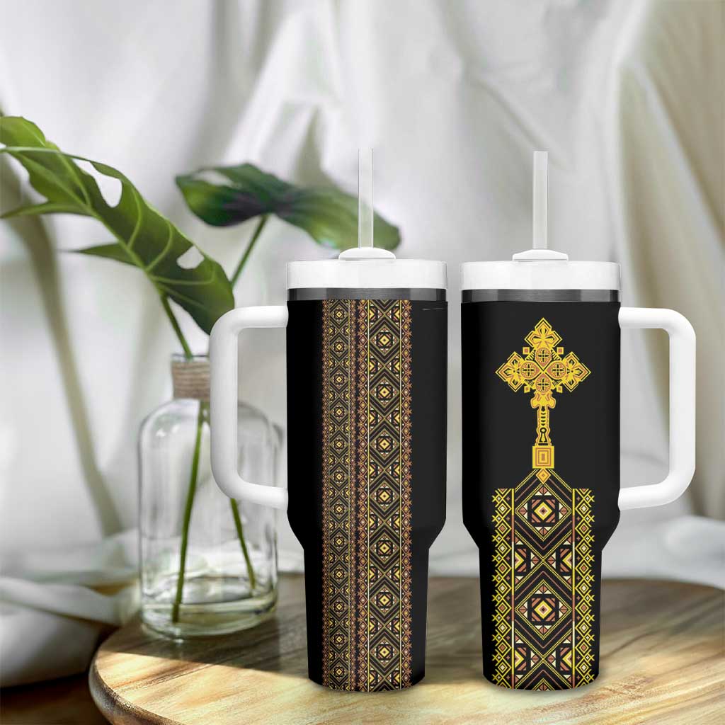 Habesha Motifs Ethiopia Tumbler With Handle Tilet Black Gold