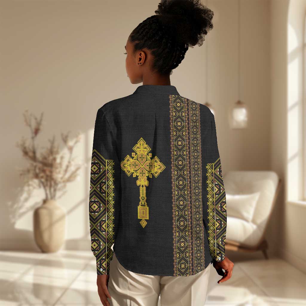 Habesha Motifs Ethiopia Women Casual Shirt Tilet Black Gold