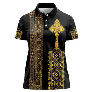 Habesha Motifs Ethiopia Women Polo Shirt Tilet Black Gold