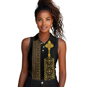 Habesha Motifs Ethiopia Women Sleeveless Polo Shirt Tilet Black Gold