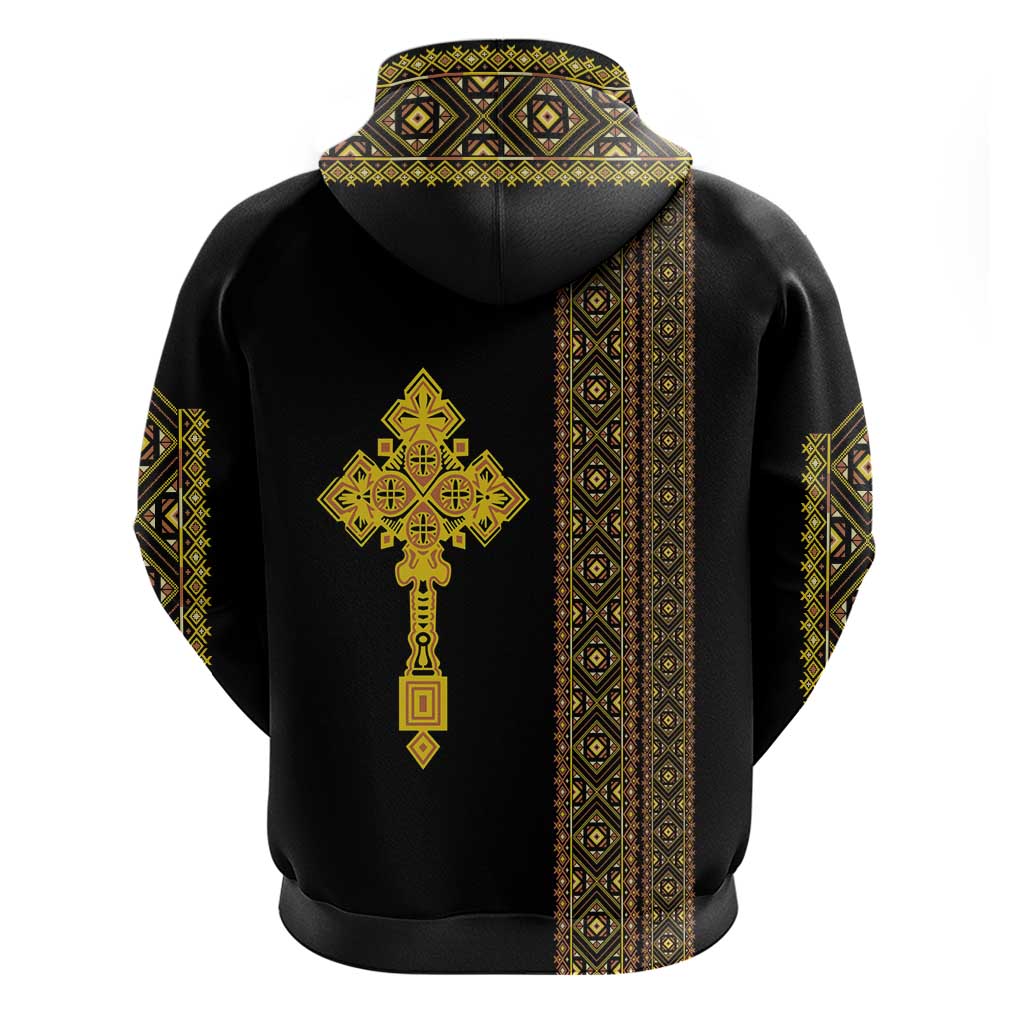 Habesha Motifs Ethiopia Zip Hoodie Tilet Black Gold