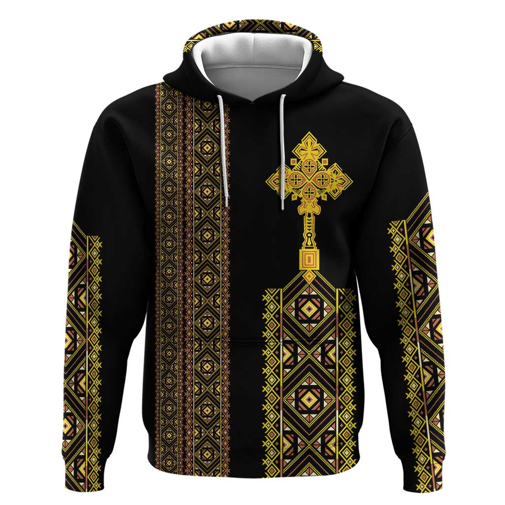 Habesha Motifs Ethiopia Zip Hoodie Tilet Black Gold