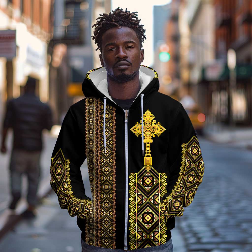 Habesha Motifs Ethiopia Zip Hoodie Tilet Black Gold