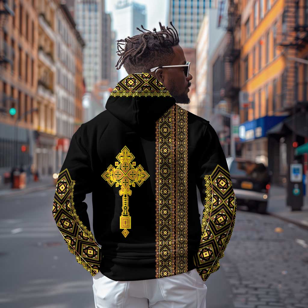Habesha Motifs Ethiopia Zip Hoodie Tilet Black Gold