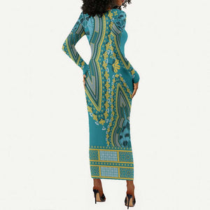 Dashiki Long Sleeve Bodycon Dress Luxury Afro - Teal LT7