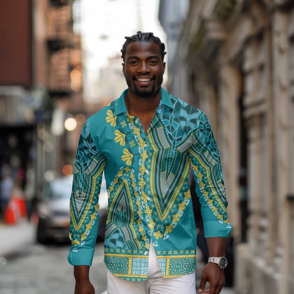 Dashiki Long Sleeve Button Shirt Luxury Afro - Teal
