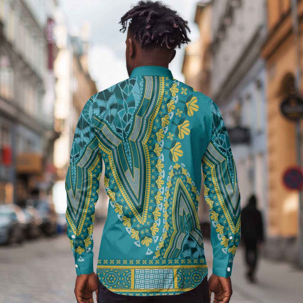 Dashiki Long Sleeve Button Shirt Luxury Afro - Teal