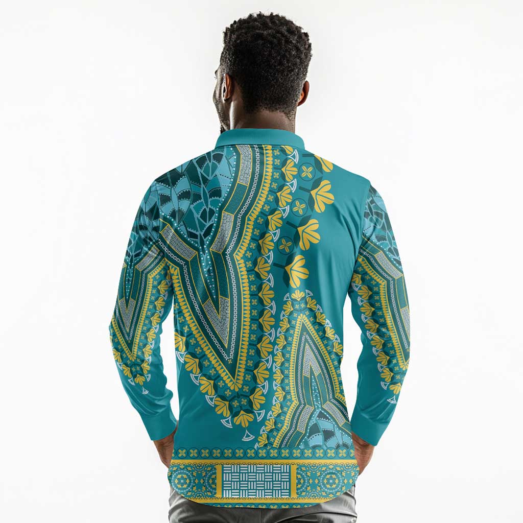 Dashiki Long Sleeve Polo Shirt Luxury Afro - Teal