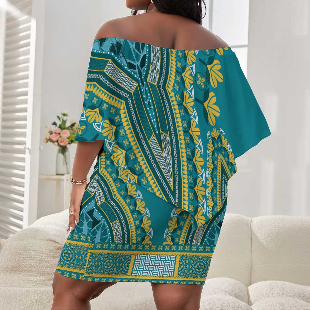 Dashiki Off Shoulder Short Dress Luxury Afro - Teal