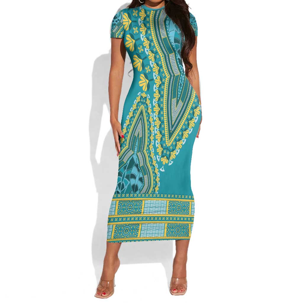 Dashiki Short Sleeve Bodycon Dress Luxury Afro - Teal LT7