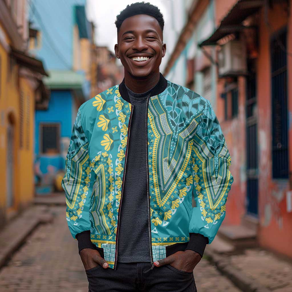 Dashiki Sleeve Zip Bomber Jacket Luxury Afro - Teal