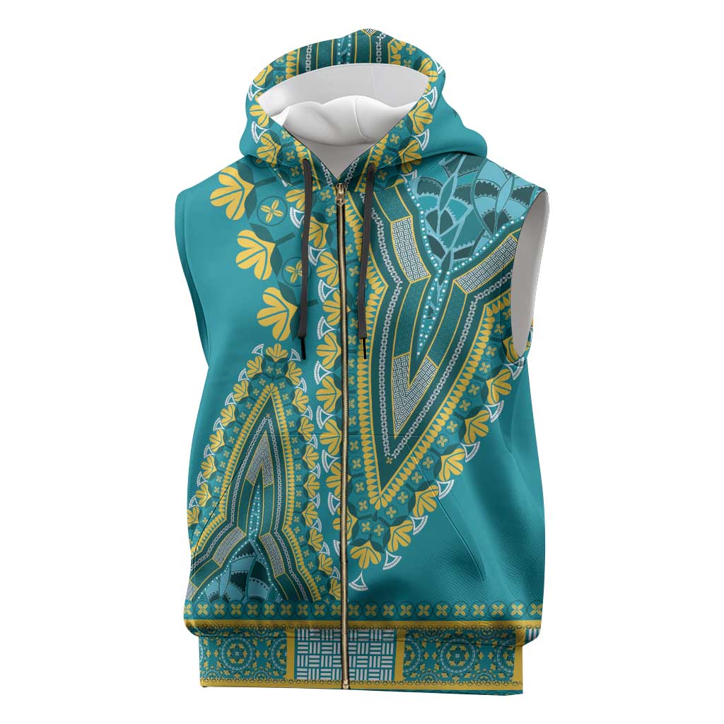 Dashiki Sleeveless Zip Hoodie Luxury Afro - Teal - African Pride