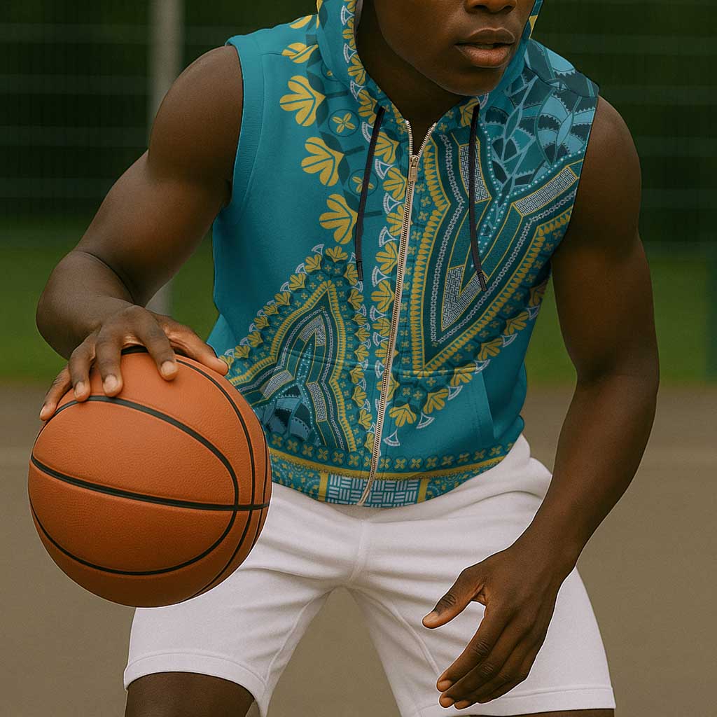 Dashiki Sleeveless Zip Hoodie Luxury Afro - Teal - African Pride