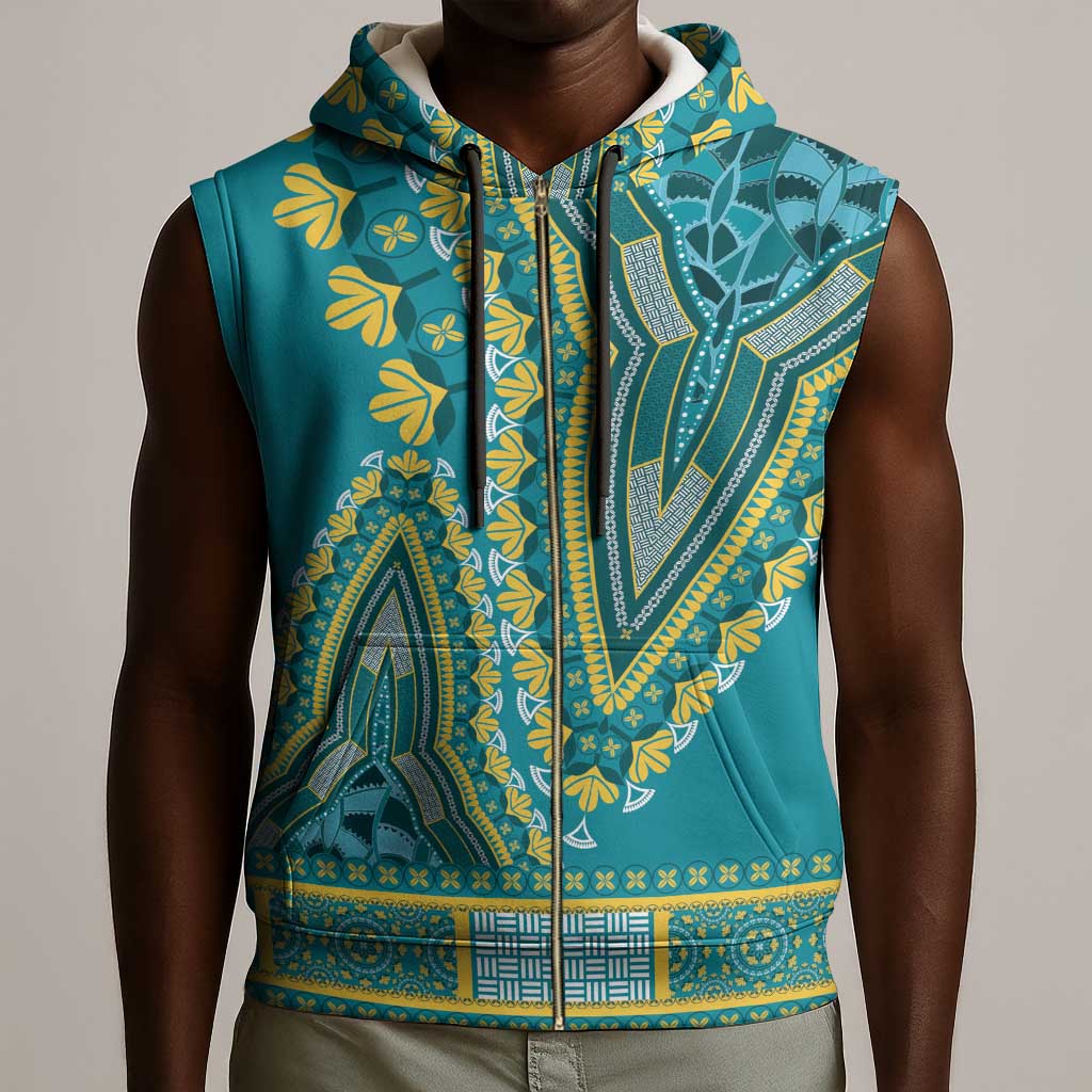 Dashiki Sleeveless Zip Hoodie Luxury Afro - Teal - African Pride