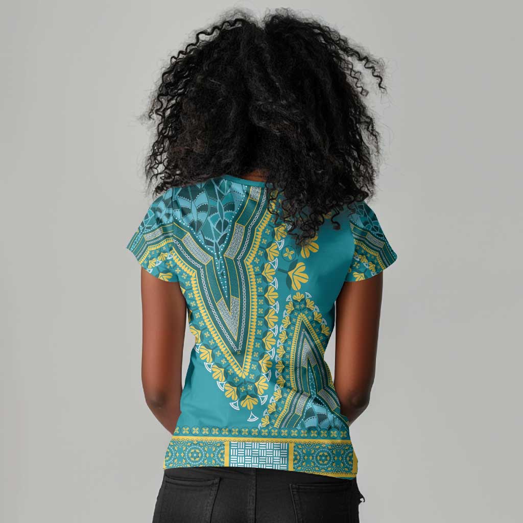 Dashiki Women V-Neck T-Shirt Luxury Afro - Teal
