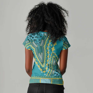 Dashiki Women V-Neck T-Shirt Luxury Afro - Teal