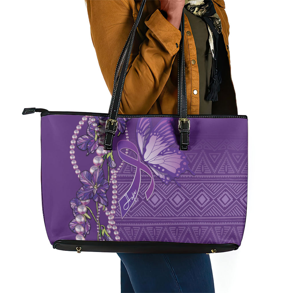 Lupus Awareness Purple Ribbon Butterfly Leather Tote Bag Hope