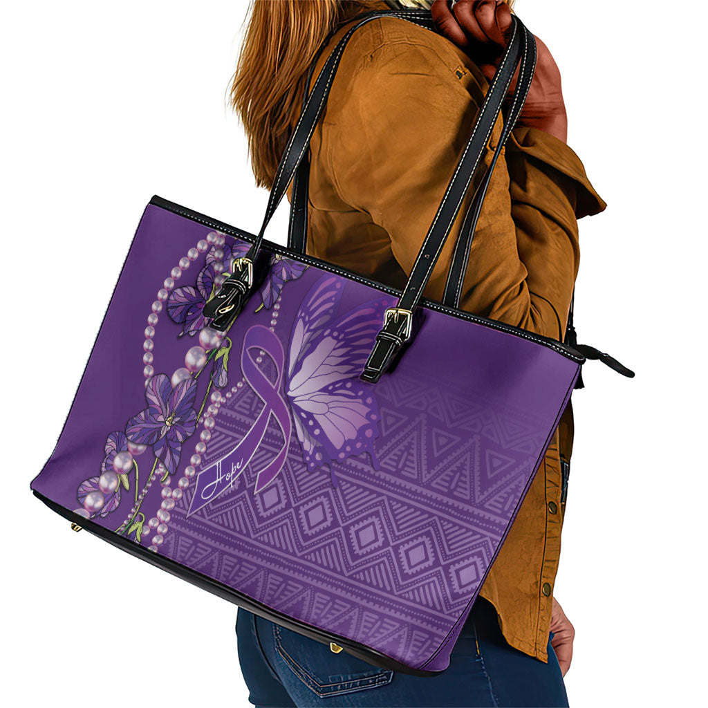 Lupus Awareness Purple Ribbon Butterfly Leather Tote Bag Hope