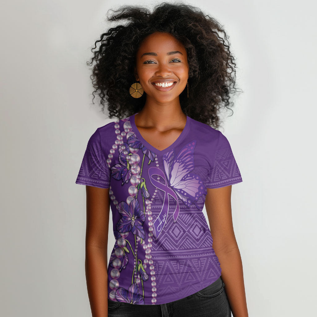 Lupus Awareness Purple Ribbon Butterfly Women V-Neck T-Shirt Hope