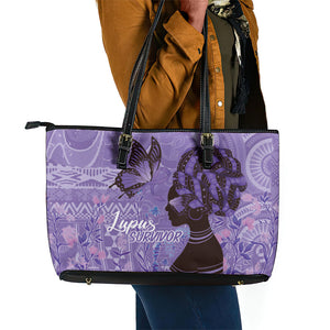 Lupus Awareness Afro Girl - Proud Survivor Leather Tote Bag Ankara Pattern