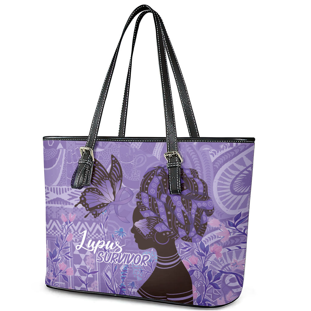 Lupus Awareness Afro Girl - Proud Survivor Leather Tote Bag Ankara Pattern