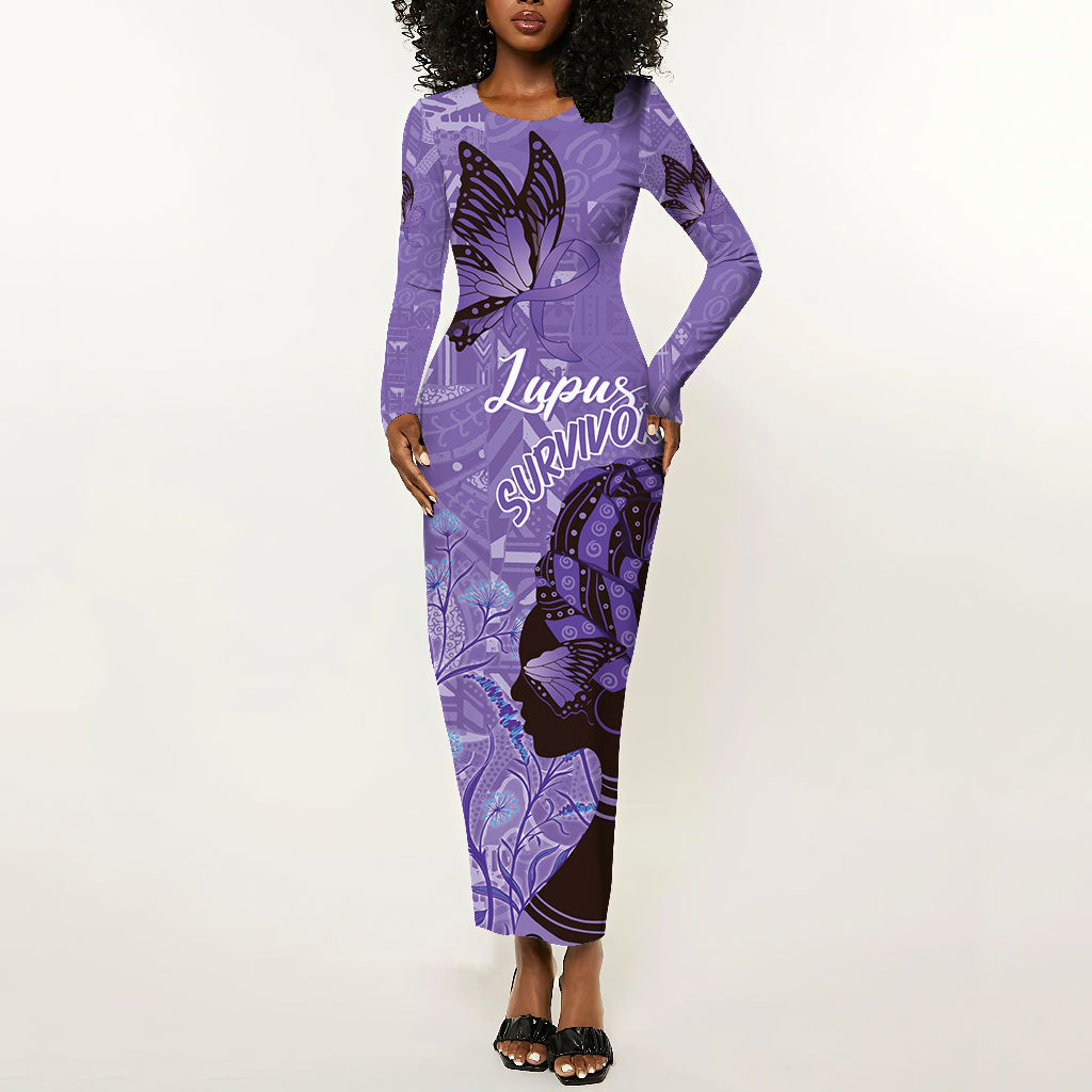 Lupus Awareness Afro Girl - Proud Survivor Long Sleeve Bodycon Dress Ankara Pattern