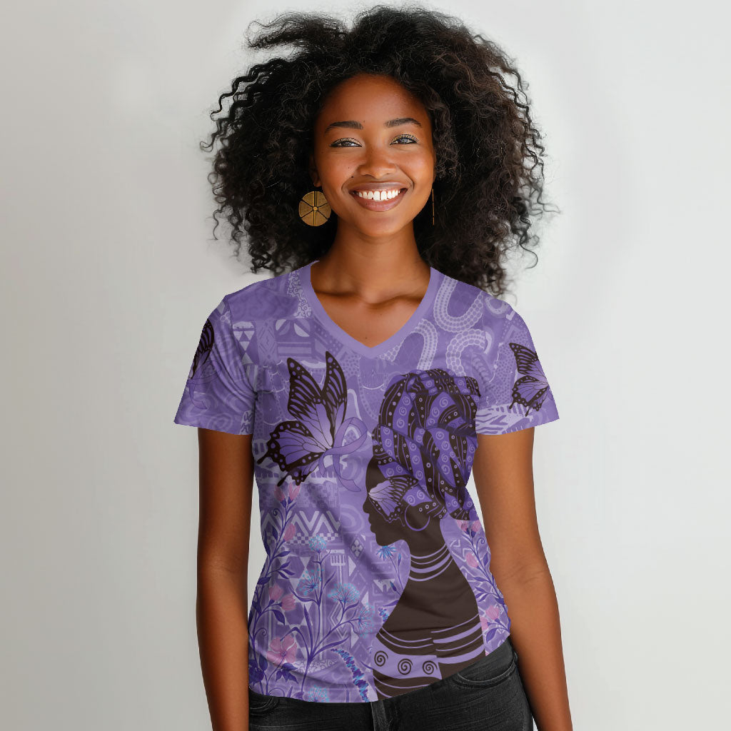 Lupus Awareness Afro Girl - Proud Survivor Women V-Neck T-Shirt Ankara Pattern