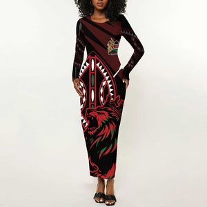 Kenya Personalized Lion Long Sleeve Bodycon Dress Stylized Maasai Shield - African Pride