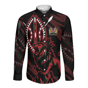 Kenya Personalized Lion Long Sleeve Button Shirt Stylized Maasai Shield - African Pride